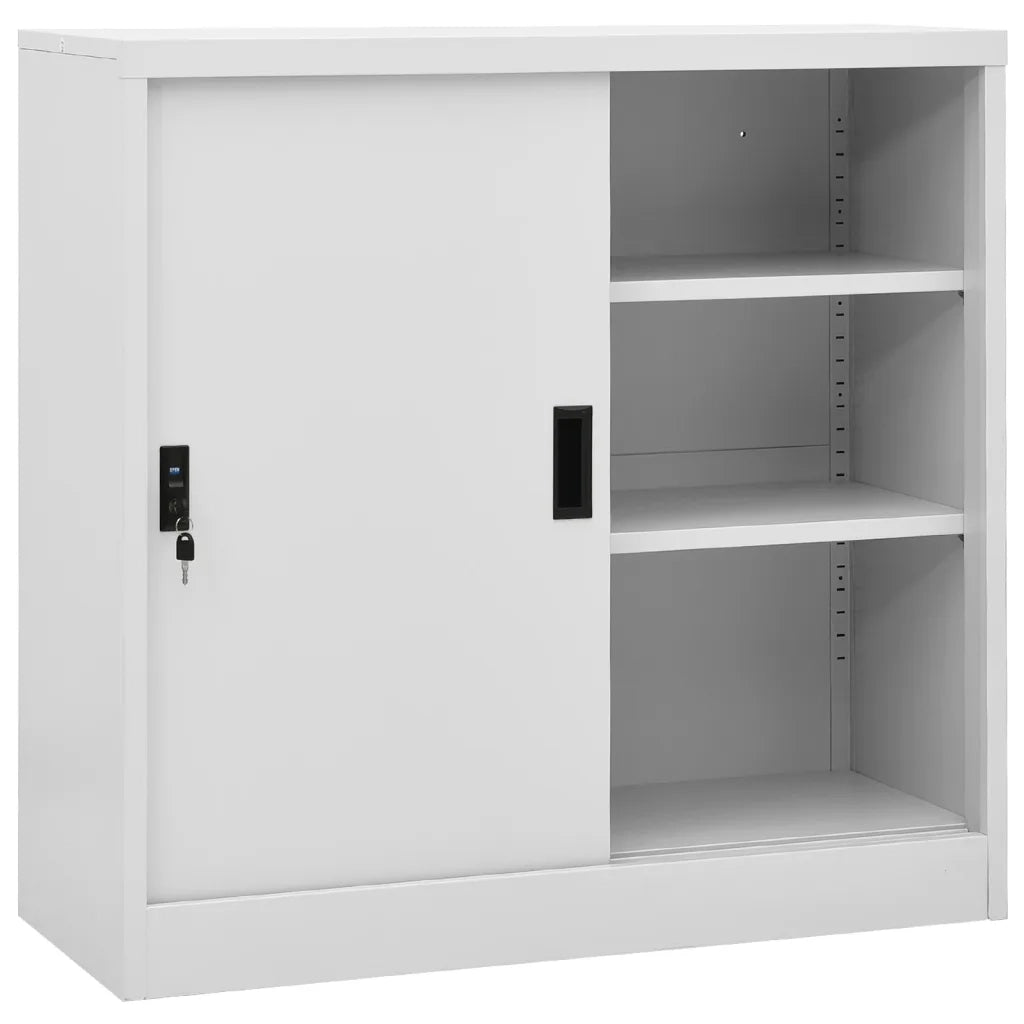 Robusto armadio da ufficio con ante scorrevoli e serratura dimensioni 90 x 40 x 90 cm stile moderno in acciaio grigio chiaro. Codice articolo: 02_0046811.