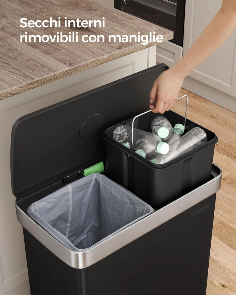 Pattumiera a Doppio Secchio, 2 x 30L, Cestino in Acciaio Inox e 15 Sacchetti di Rifiuti, con Secchi Interni in Plastica, Coperchi a Chiusura Morbida, 58,2 x 31,5 x 60,5 cm, Nero LTB202B01