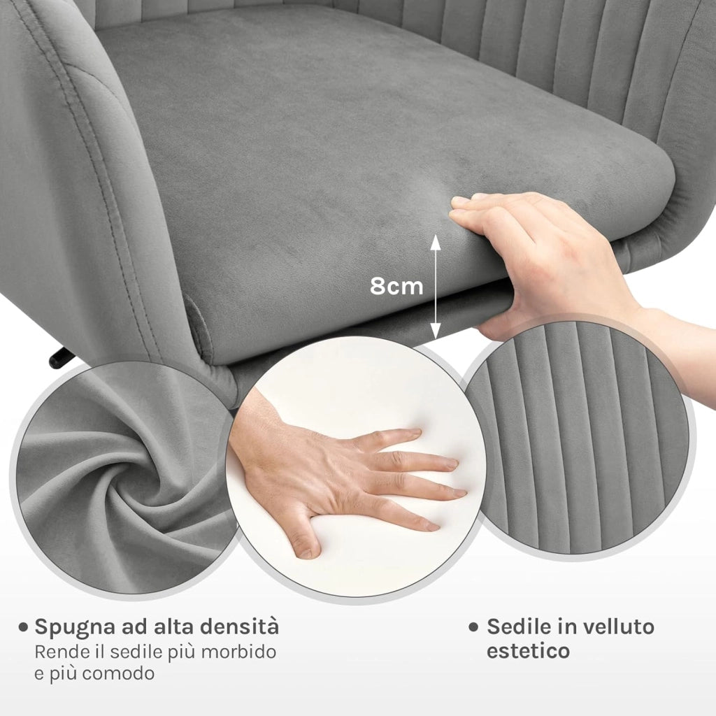 Sedia da Ufficio, Sedia da Toeletta, Poltrona Ergonomica, Ampia, in Velluto Imbottita, Regolabile in Altezza per Ufficio e Camera da Letto, Grigio Chiaro, BS166hgr