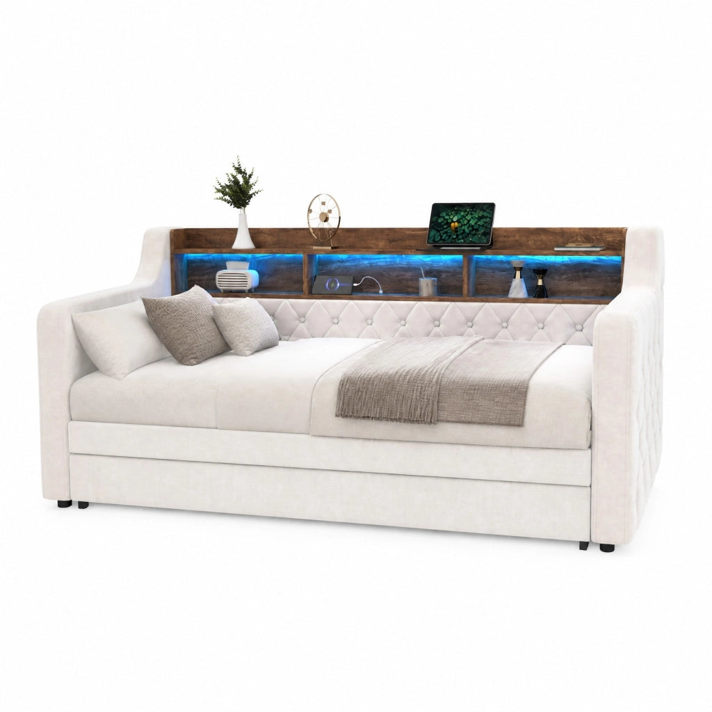 Divano letto estraibile 90x190 cm in velluto beige con LED e USB-C