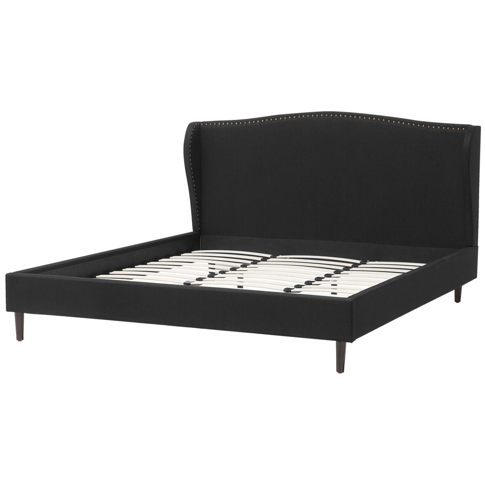 Letto rivestimento in tessuto Nero Gambe in legno scuro 180 x 200 cm Retro