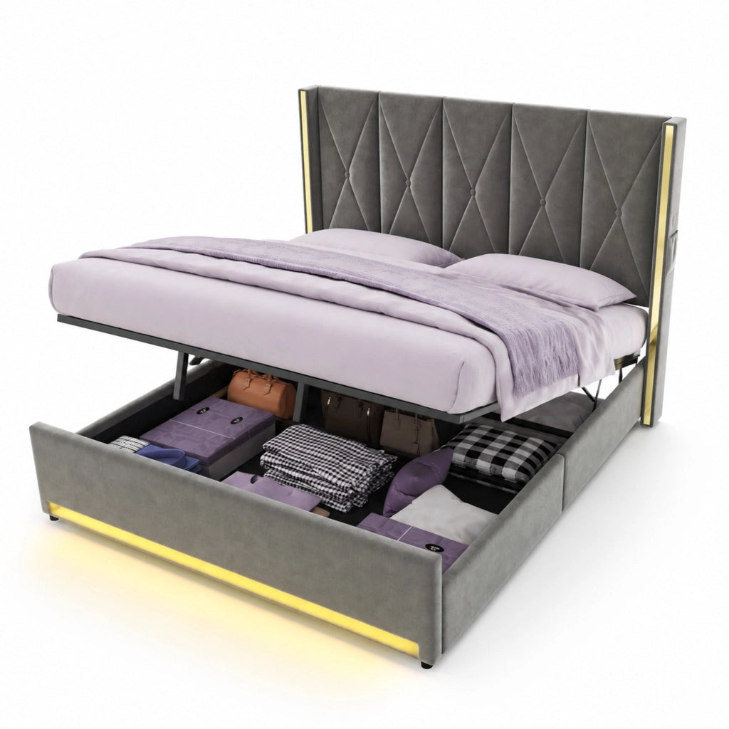 Letto matrimoniale 180x200 cm in velluto grigio scuro con testiera alta; LED; USB e contenitore