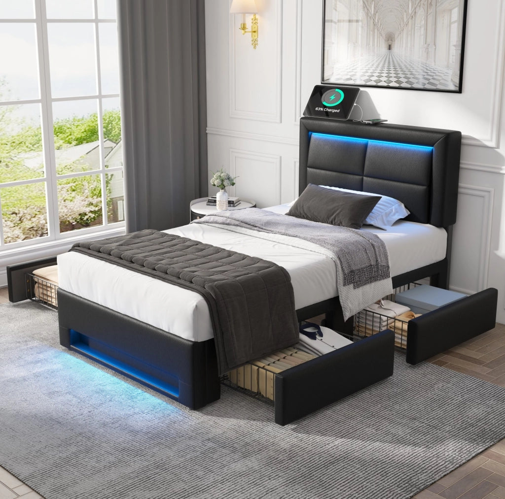 Letto imbottito 90x190 cm con USB; luce LED e 4 cassetti; in PU nero