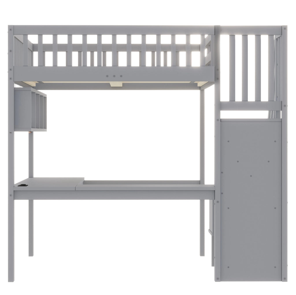 Letto a soppalco ULEVR 140x200 cm con scrivania, scala contenitore, LED e presa USB, grigio