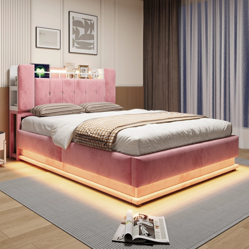 Letto matrimoniale imbottito 140x200 cm con LED; USB e contenitore idraulico; rosa
