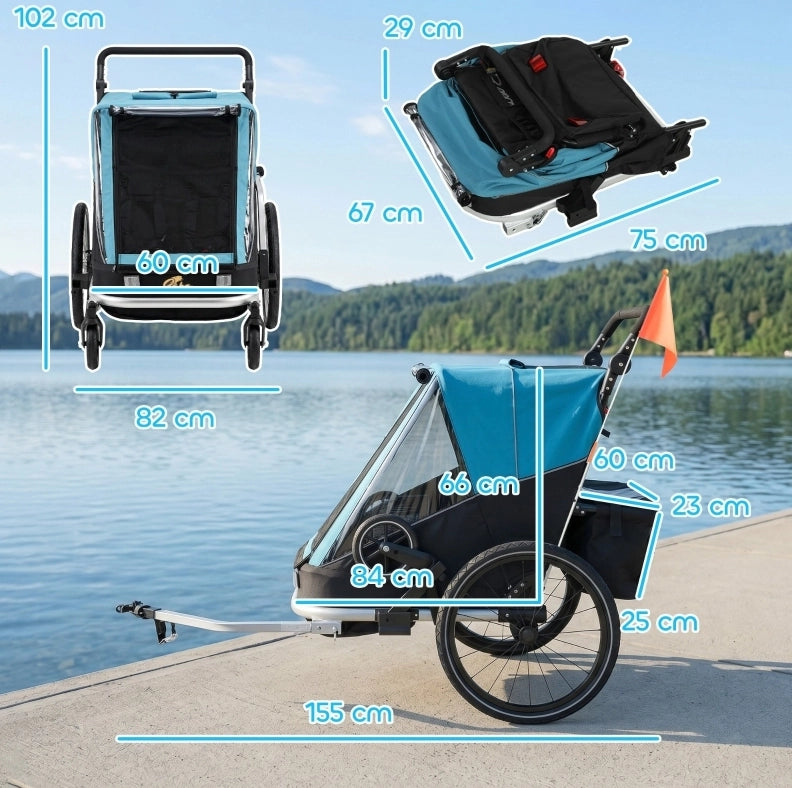 Rimorchio bici per bambini 2 posti 2 in 1 pieghevole blu