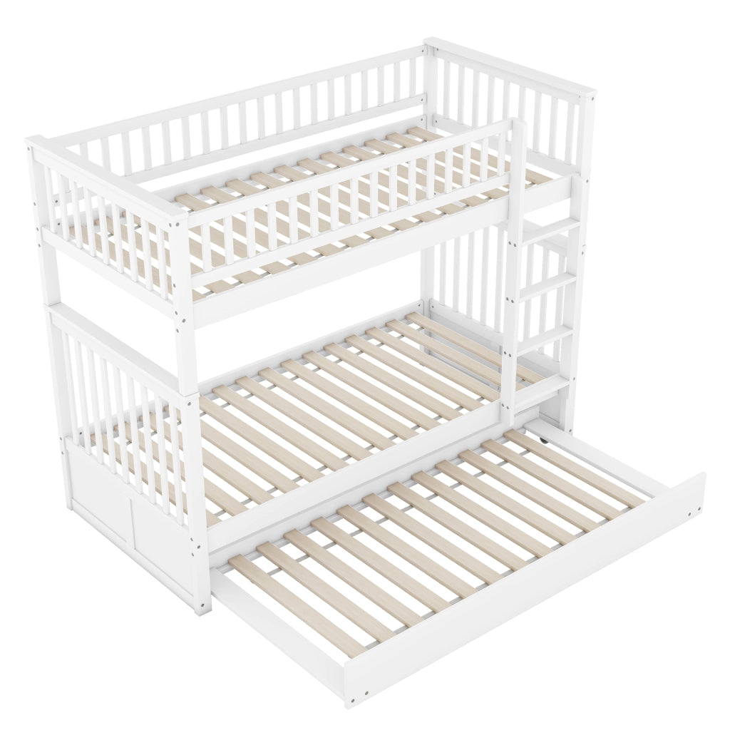 OKWISH Letto a Castello 90×200 cm, Letto 3 Posti con Letto Estraibile, Scala e Sponde Alte, senza Materasso, in Pino, Bianco