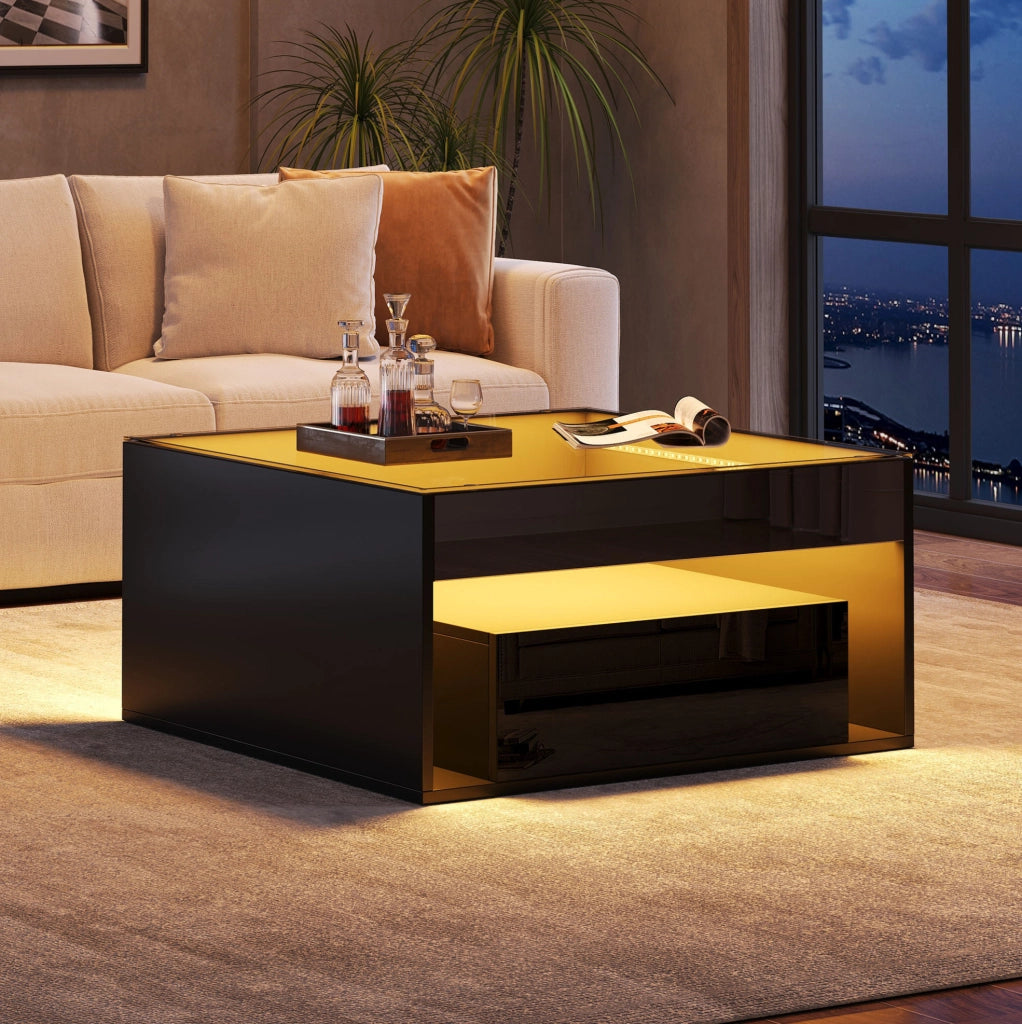 Tavolino da caffè 70x70 cm con LED, 2 cassetti e vetro