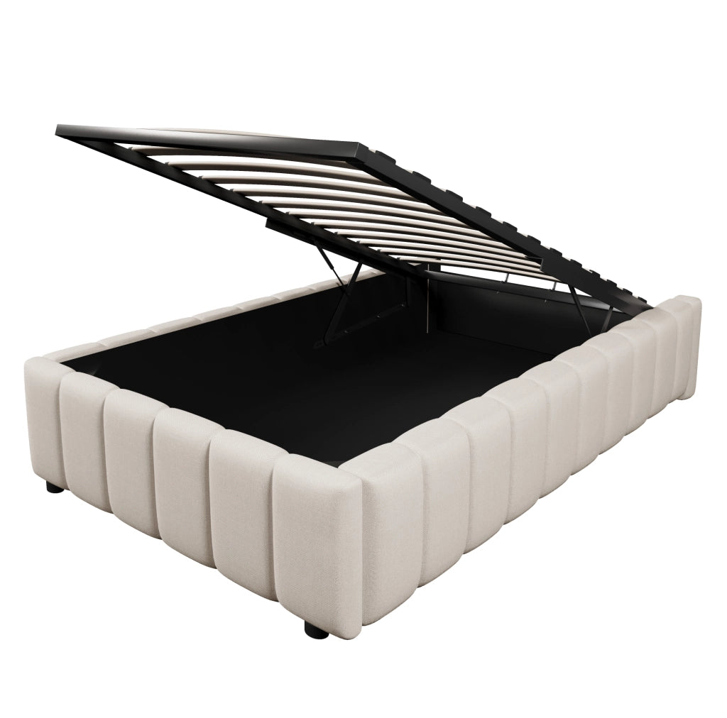 Letto imbottito 90x200 cm con contenitore idraulico; senza testiera; in lino beige