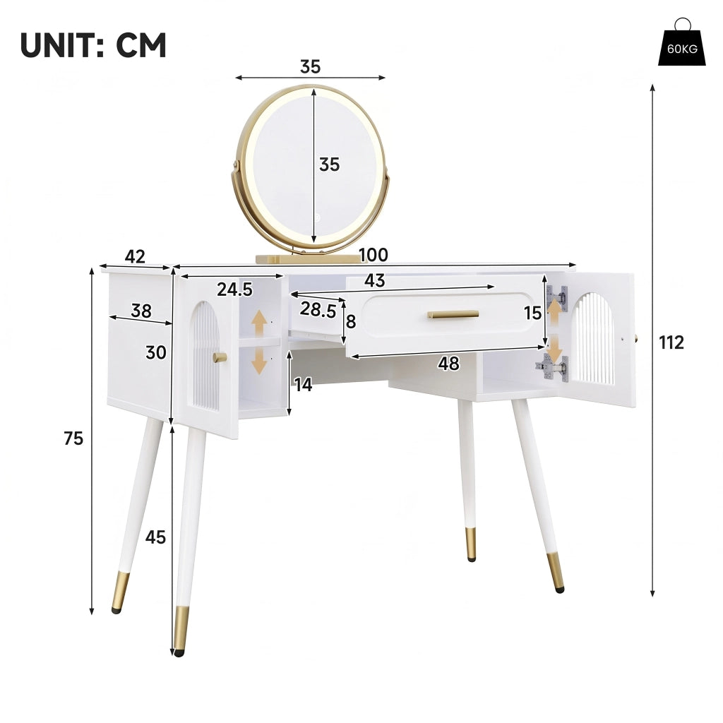 Toeletta con specchio LED; 1 cassetto e 2 ante; per camera da letto; 100×42×112 cm; bianco oro