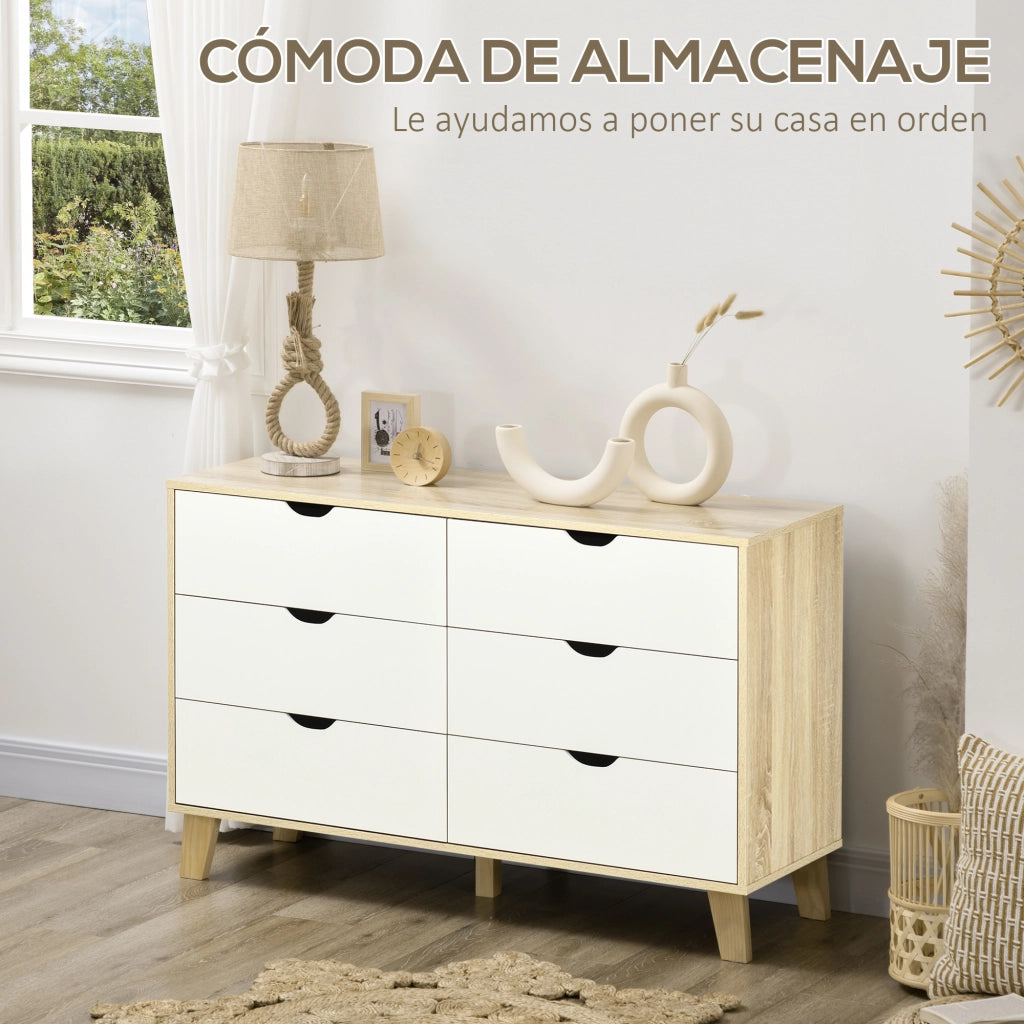 Cassettiera Moderna con 6 Cassetti ¨C zephmum ¨C Legno Naturale e Bianco 120x40x76 cm