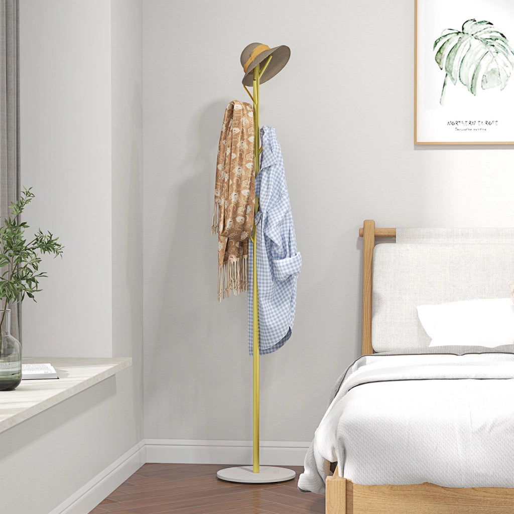 Appendiabiti da Terra Autoportante con 8 Ganci, Base in Marmo e Acciaio, ?32x164cm, Oro