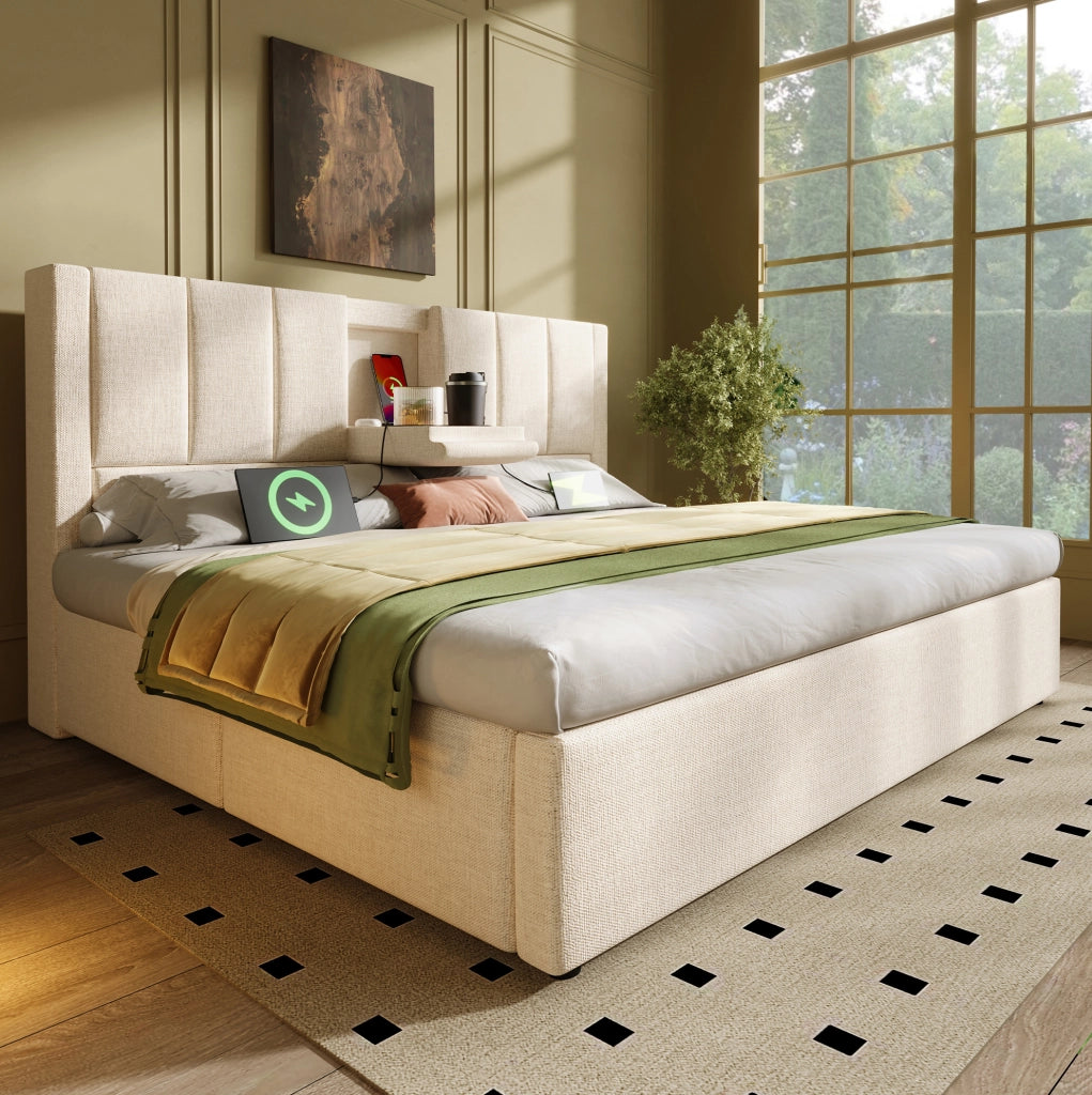 Letto imbottito beige 140x200 cm con vano contenitore, ricarica USB-C e portabicchieri