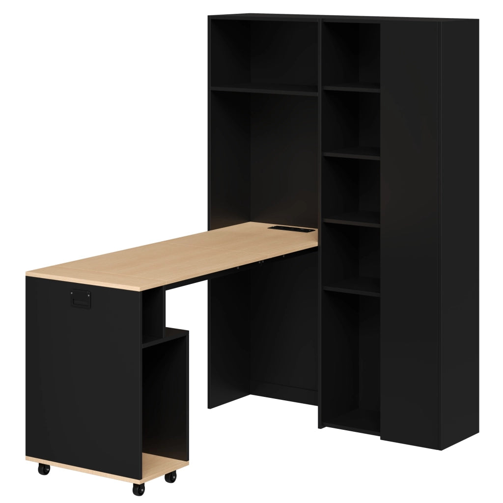 Scrivania pieghevole 2 in 1 con libreria, presa EU e porte USB, MDF, nero e rovere