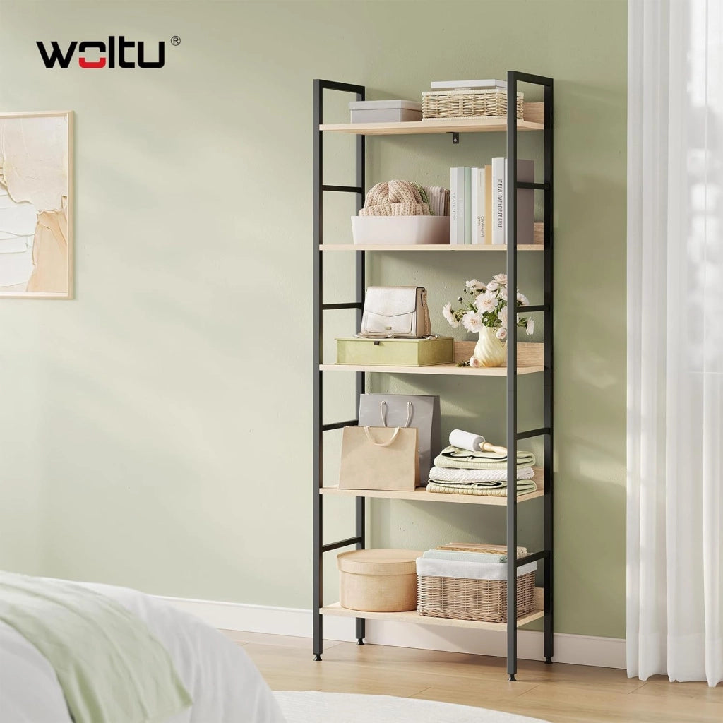 Libreria Scaffale a 5 Livelli, Libreria Verticale Struttura in Metallo per Soggiorno/Camera da Letto/Studio, 60x27,5x160cm, Bianco + Rovere chiaro