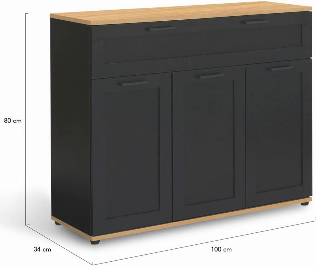 Credenza VITO 100 cm con 3 ante e 1 cassetto, nero e piano in legno