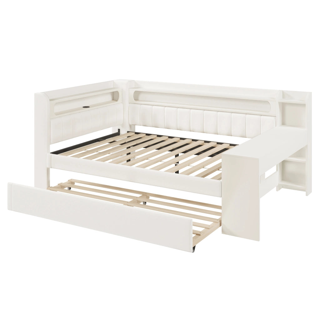 LETTO Giorno 140x200 cm Imbottito Bianco con letto estraibile, scrivania, LED e USB