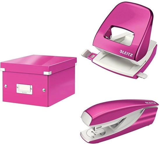 Set di archiviazione Click & Store con coperchio, piccolo, con foratrice e perforatrice per 30 fogli, cassetta per documenti fino A5 in ufficio e a casa, serie WOW, rosa, 60430023 + 50081023 + 55021023