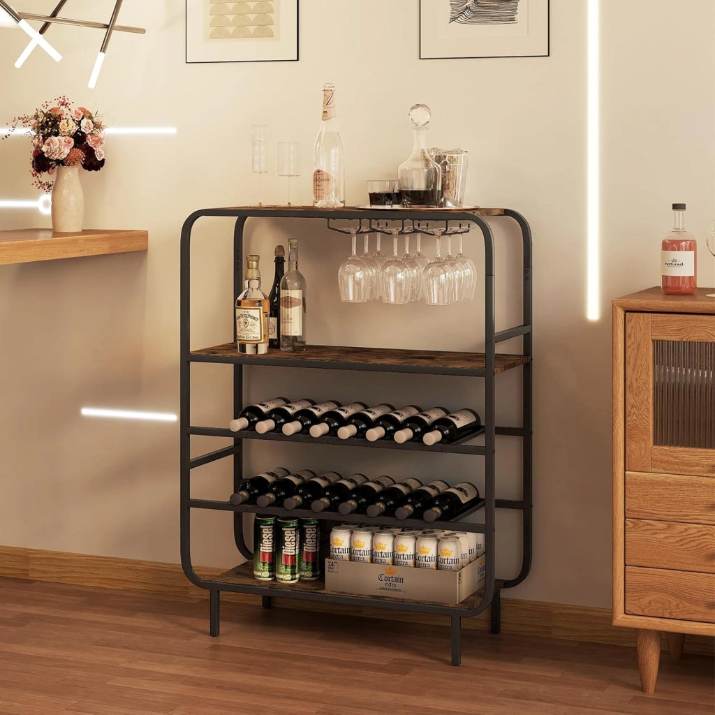 Scaffale per bottiglie a 5 ripiani, autoportante per 16 bottiglie, portabottiglie con supporto in vetro, 3 ripiani in legno e telaio in metallo, portabottiglie per vino, cucina, bar, soggiorno