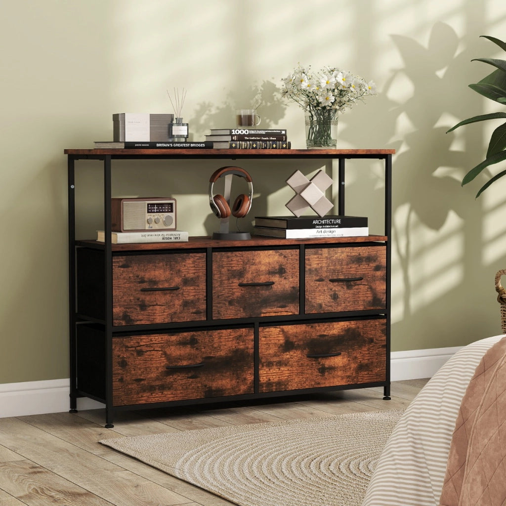 Com¨° per camera da letto con 5 cassetti cassettone in legno, Com¨° unit¨¤ organizzatore per conservazione Marrone