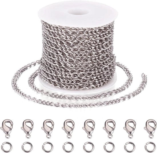Estensione per catena di bordo in acciaio inossidabile a 5 m, catene a collegamento a spirale con chiusura a granchio per catene da bracciale per gioielleria artigianale.