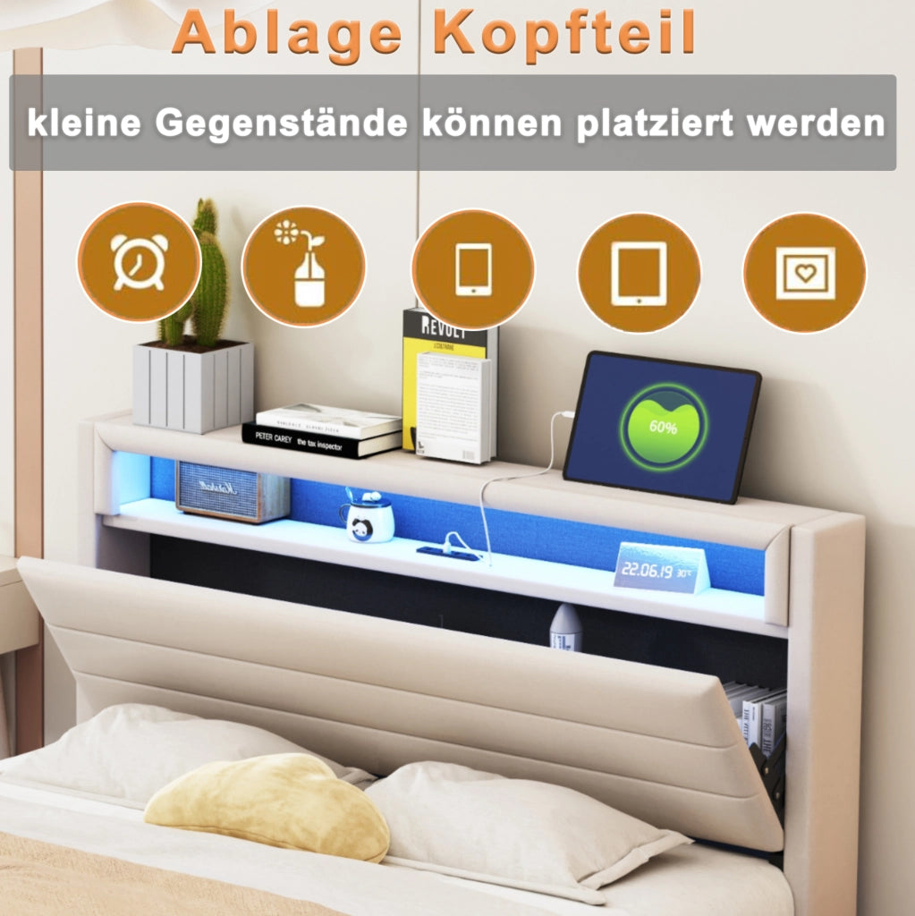Letto imbottito matrimoniale 140x200 cm beige con USB; LED e testiera ribaltabile