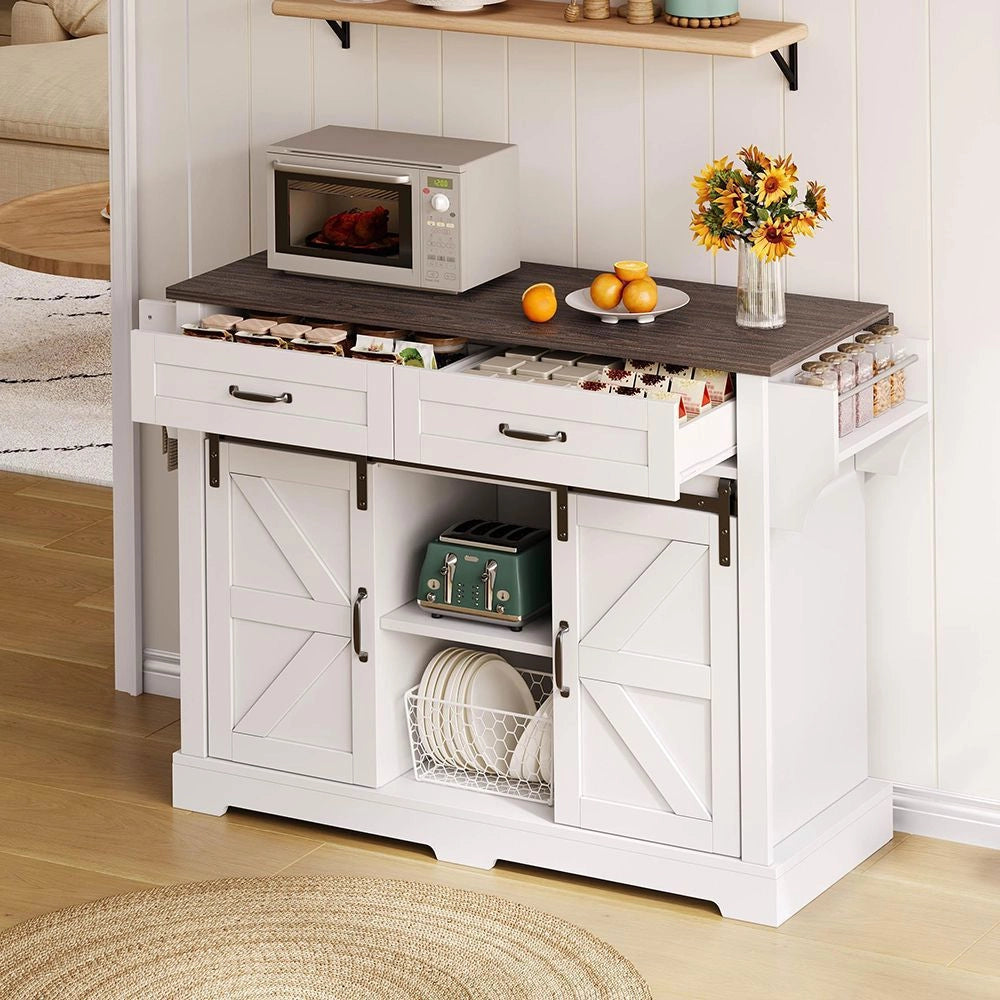 Isola cucina con piano ribaltabile - Xylo - 120¡Á45(70)¡Á91 cm - Bianco - Carrello con ruote, 2 ante scorrevoli, 2 cassetti
