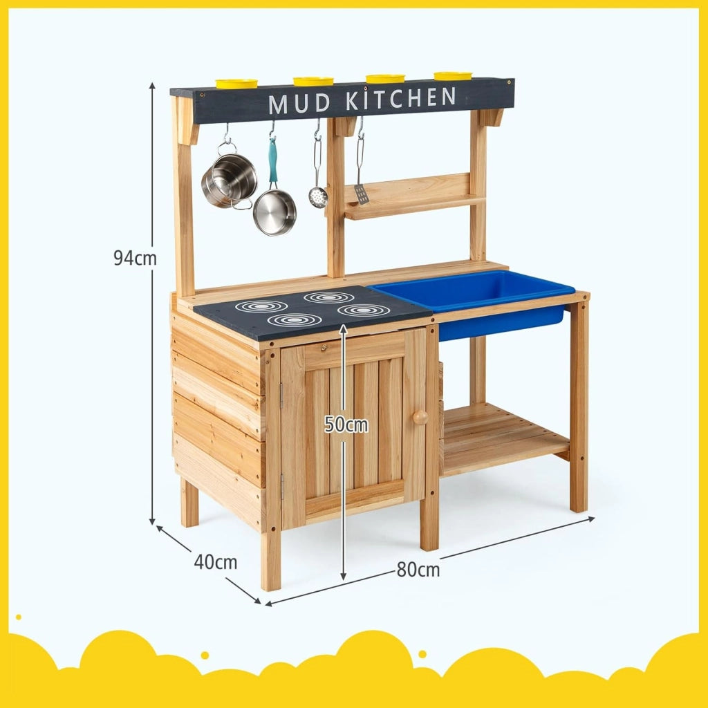 Cucina Giocattolo per Bambini, Cucina in Legno da Esterno con Lavello Removibile, Fornello, Pentole e Ripiani, Cucinetta Giocattolo Interattiva con Accessori per Bambini 3-8 Anni, Naturale