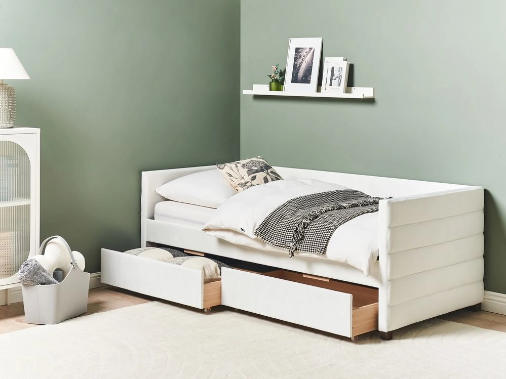 Letto con contenitore con cassetti in velluto bianco sporco 90 x 200 cm stanzetta design elegante