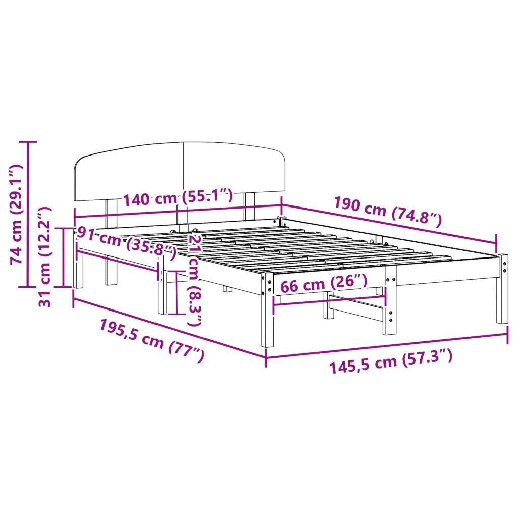 Struttura Letto con Testiera 140x190 cm Legno Massello di Pino
