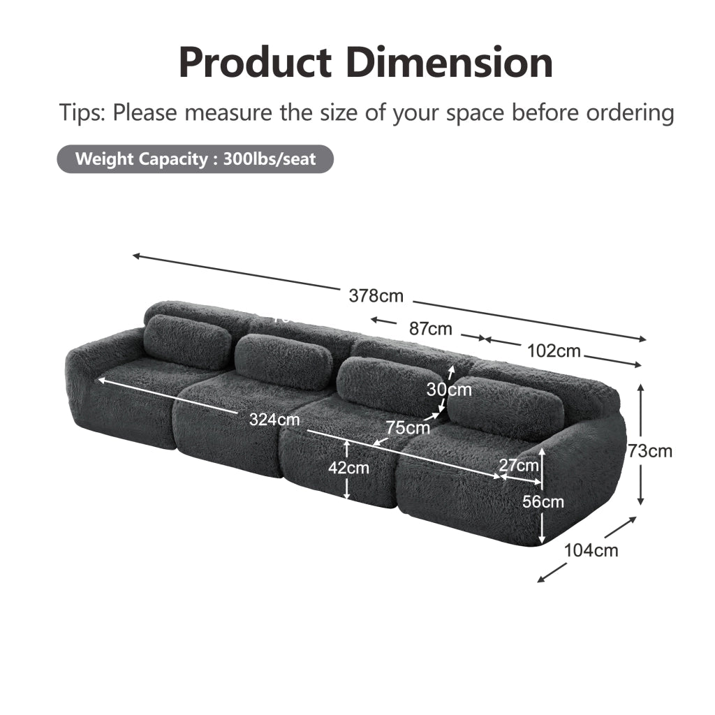 Divano Modulare 4 Posti con Cuscini Comfort Nuvola; Seduta Ampia; Base Antiscivolo in Peluche Grigio