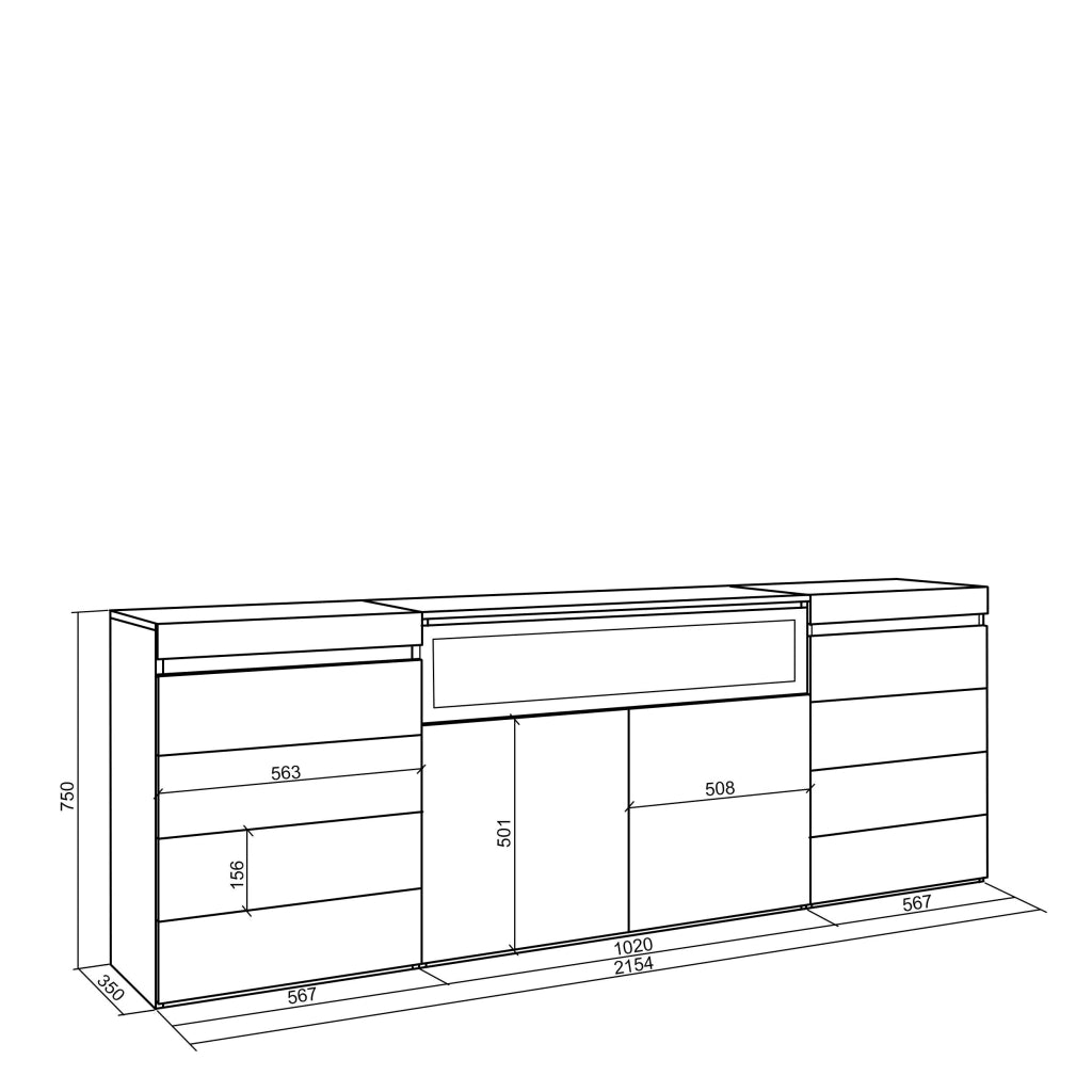 Cassettiera, 214x35x75cm, Camera da letto, Camino elettrico, grigio cemento RF3429