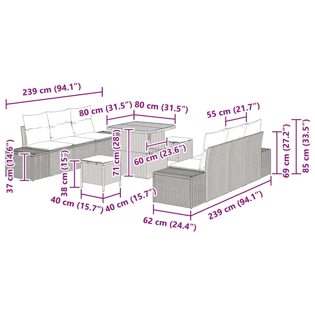 Set Divano da Giardino con cuscino 9 pcs Beige polyrattan 3362737