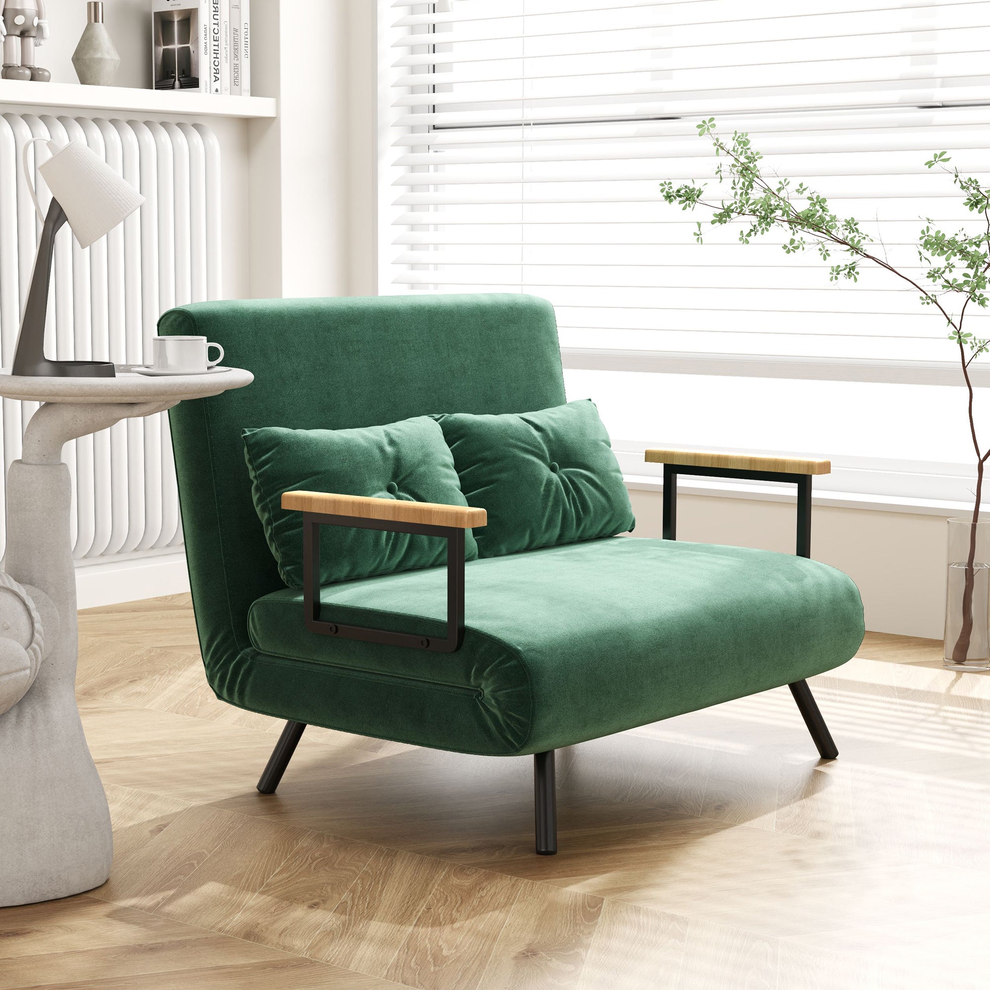 Divano Letto Singolo con Schienale Regolabile 102x73x81 cm in Tessuto Effetto Velluto Verde