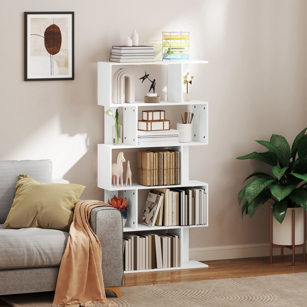 Libreria Asimmetrica a S a 5 Livelli 80x24x159 cm in Legno Bianco