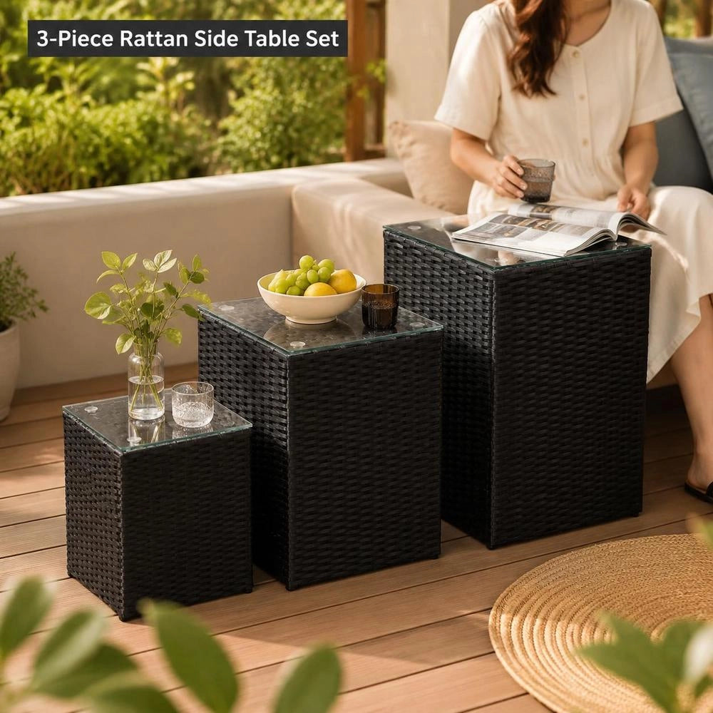 Side Tables, Set Of 3, With Glass Tops, Black Poly Rattan