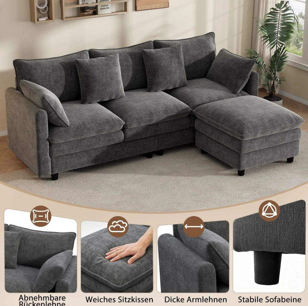 Divano angolare 3 posti in chenille grigio con chaise longue mobile