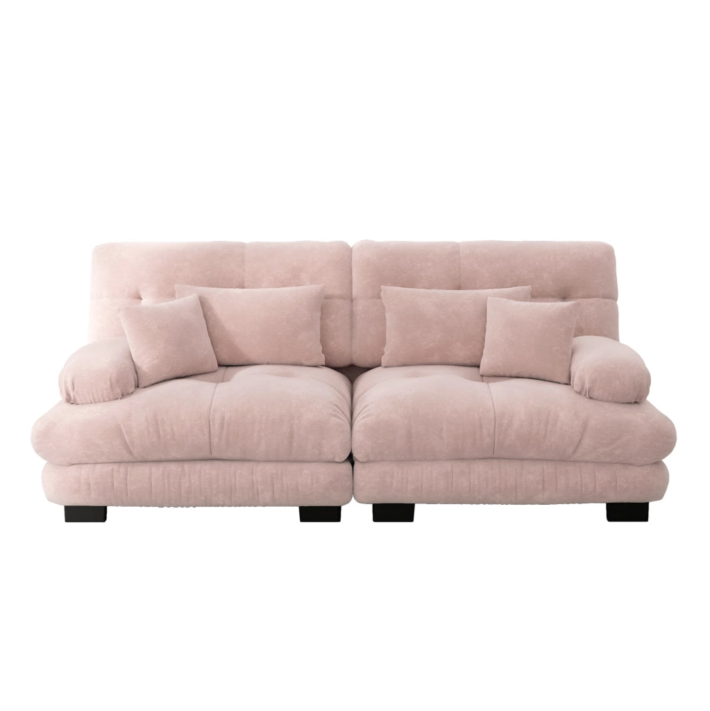 Divano modulare in chenille rosa; design cloud con cuscini decorativi e cuscini lombari