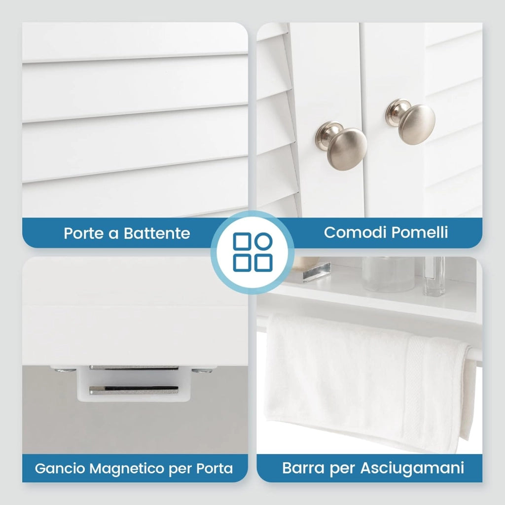 Armadietto da Bagno Sospeso, Armadietto da Parete con 2 Ante, con Ripiano Regolabile in 3 Posizioni e Barra Porta Asciugamani, 60x22x75 cm (Bianco)