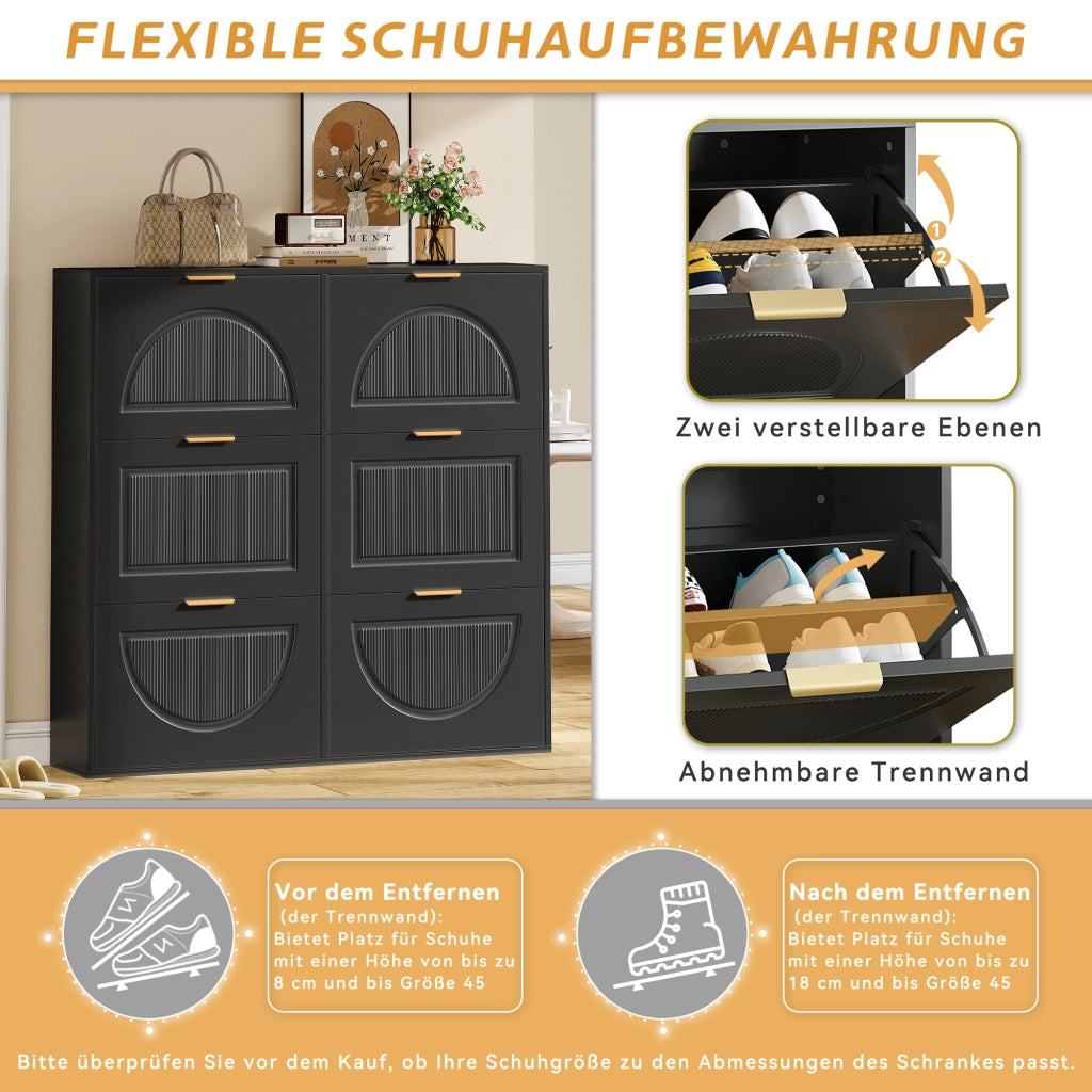 Scarpiera con 6 ante ribaltabili e ripiani aperti per ingresso e corridoio in MDF nero 118 × 25 × 115 cm