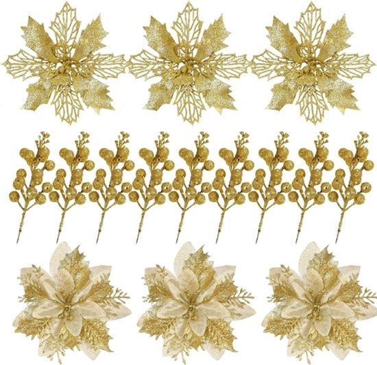 Set di decorazioni natalizie da assemblaggio - 24 pezzi - stella natalizia luccicante - fiori artificiali e mirtilli - decorazioni per albero di Natale - slitta - corona - DIY Craft