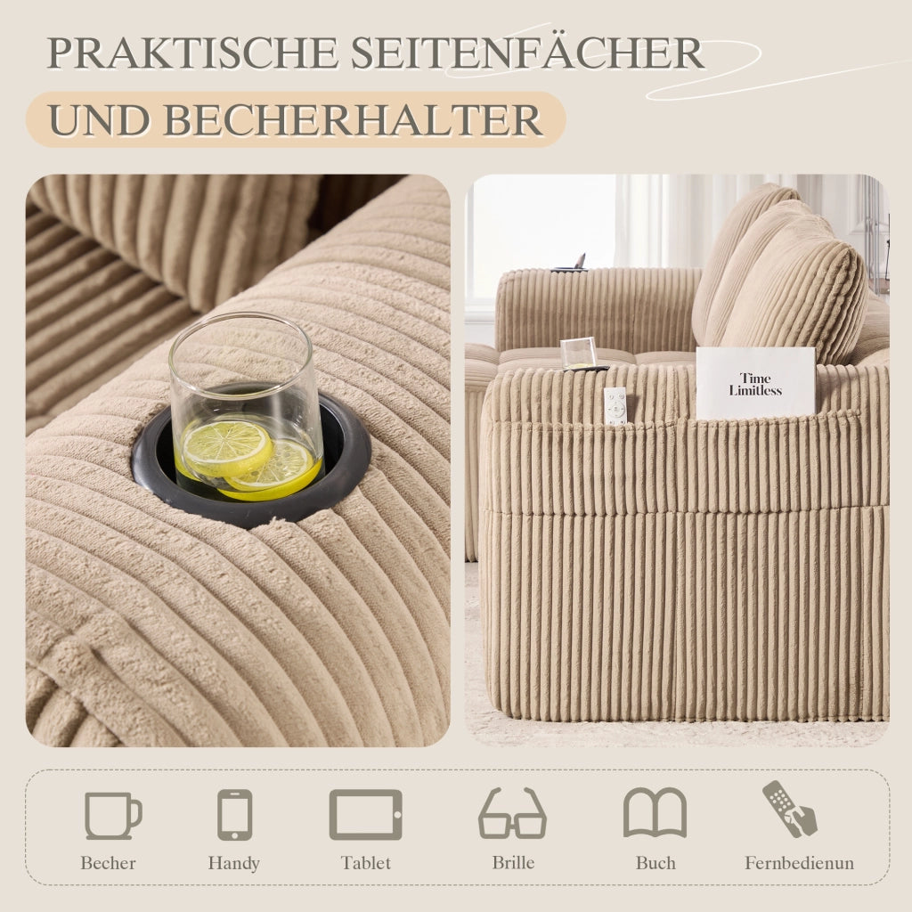 SOFA Modulare in Cord 253x158x61 cm Khaki con tasche laterali, portabicchieri e 3 cuscini