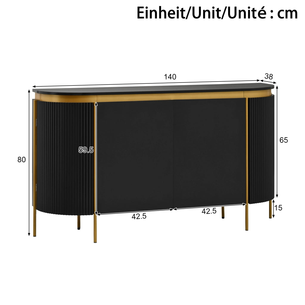 Credenza da 4 ante, mobile da ingresso, in MDF, con gambe in metallo, angoli arrotondati, colore nero
