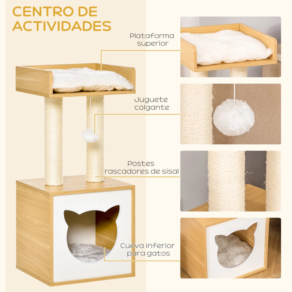 Albero per gatti a 2 livelli con letto e tiragraffi ¨C zephmum ¨C bianco e rovere 35x35x81 cm