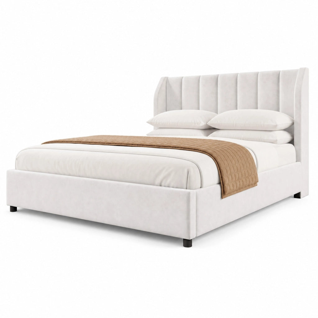Letto imbottito 140x200 cm beige in flanella con rete a doghe e testiera