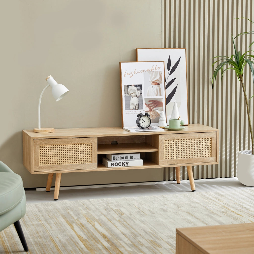 Mobile porta TV in rattan con 2 ante scorrevoli e 3 ripiani, per soggiorno, in MDF, naturale, 140 × 40 × 45 cm