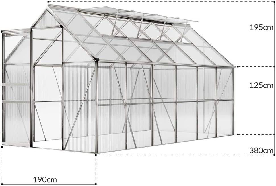 Serra in alluminio da giardino, 11,73 m³, incl. 4 finestre – 380 x 190 cm
