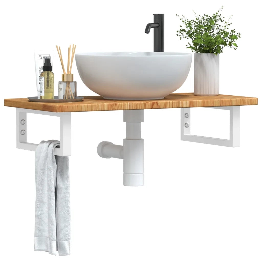 Ripiano a Parete per Lavabo in Acciaio e Massello di Rovere 3302336
