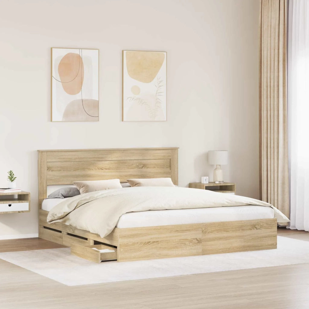 Letto matrimoniale | Letto per adulti | Struttura del letto con cassetto Rovere Sonoma 200 x 200 cm