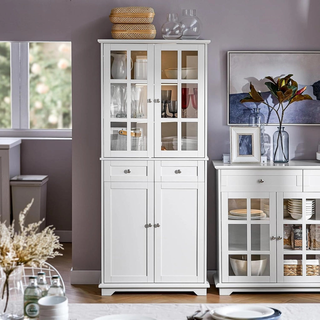 Credenza Alta per Cucina Mobile Buffet in Legno con 6 scomparti e 2 cassetti Armadio Dispensa in Stile moderno Bianco 75x40x175cm FSB76-W
